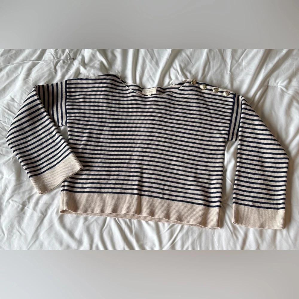 Sezane Cream and Navy Striped Crewneck Sweater with Pearl Shoulder Buttons - Picture 4 of 4